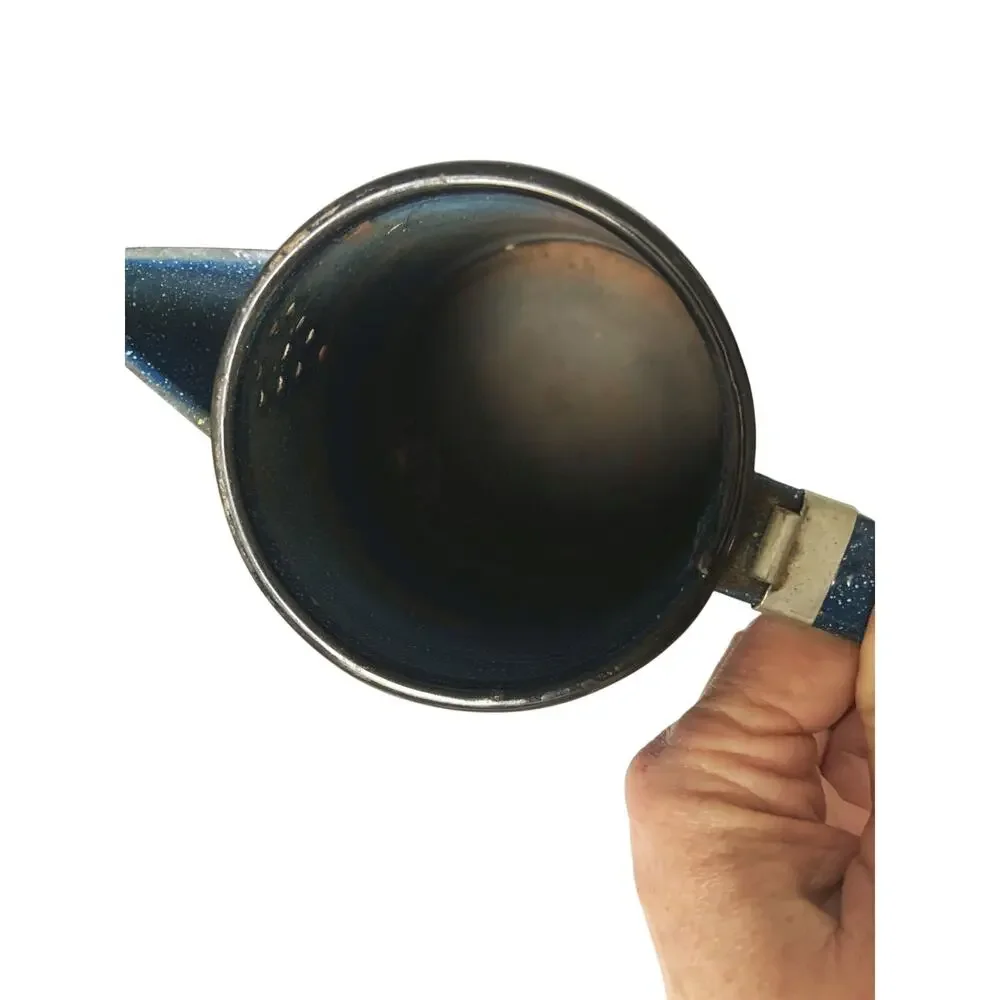 Vintage Blue Speckled Enamel Coffee Pot and Cup (Lid Clasp Attachment Missing)